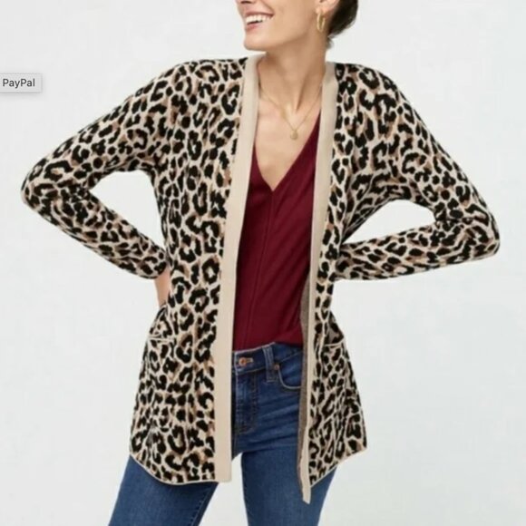J. Crew Chunky Leopard Print Open Front Tan Black Long Cardigan Cotton Medium - Picture 2 of 7